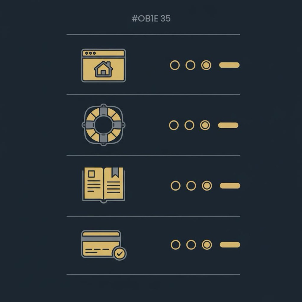 Minimal vector infographic checklist with four icons (homepage, support, story, checkout) on dark navy background illustrating downside of Squarespace
