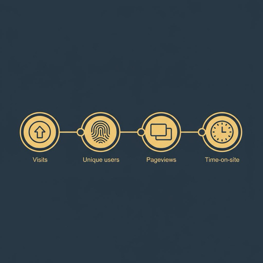 Minimal vector infographic of connected icons for visits, unique users (fingerprint), pageviews (stacked pages), and time-on-site (clock) in Orvus Ltd colors on dark blue background, representing most visited website metrics.