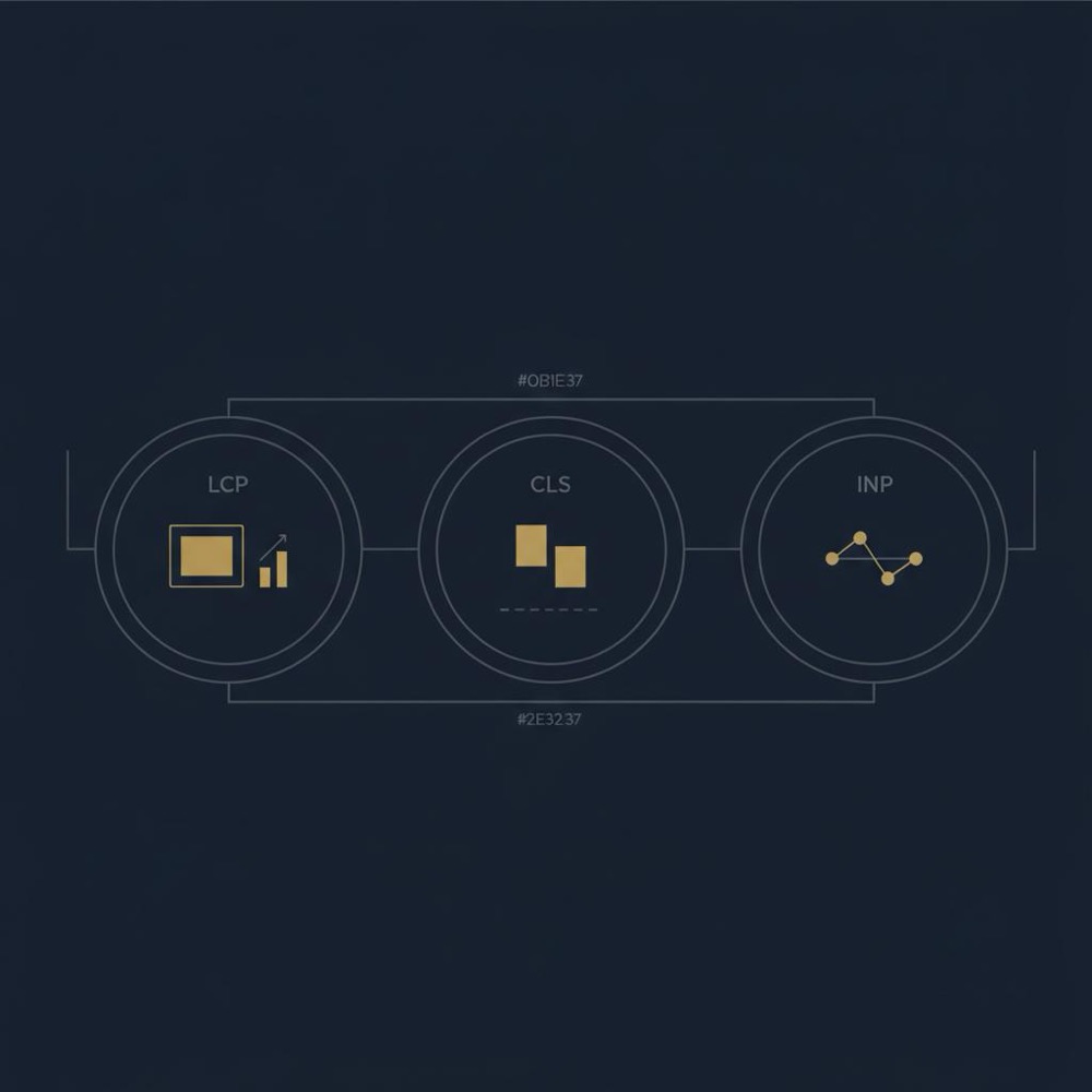 Infographic showing Core Web Vitals (LCP, CLS, INP) as minimal vector charts on a dark navy background with #C8A45D highlights - does web design affect SEO