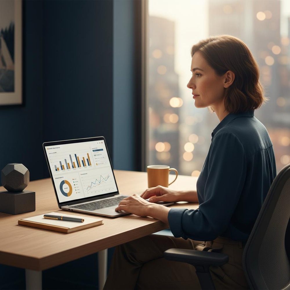 Small business owner reviewing SEO vs Google Ads performance on a laptop at a tidy desk with Orvus Ltd brand colors, warm lighting and blurred cityscape background.