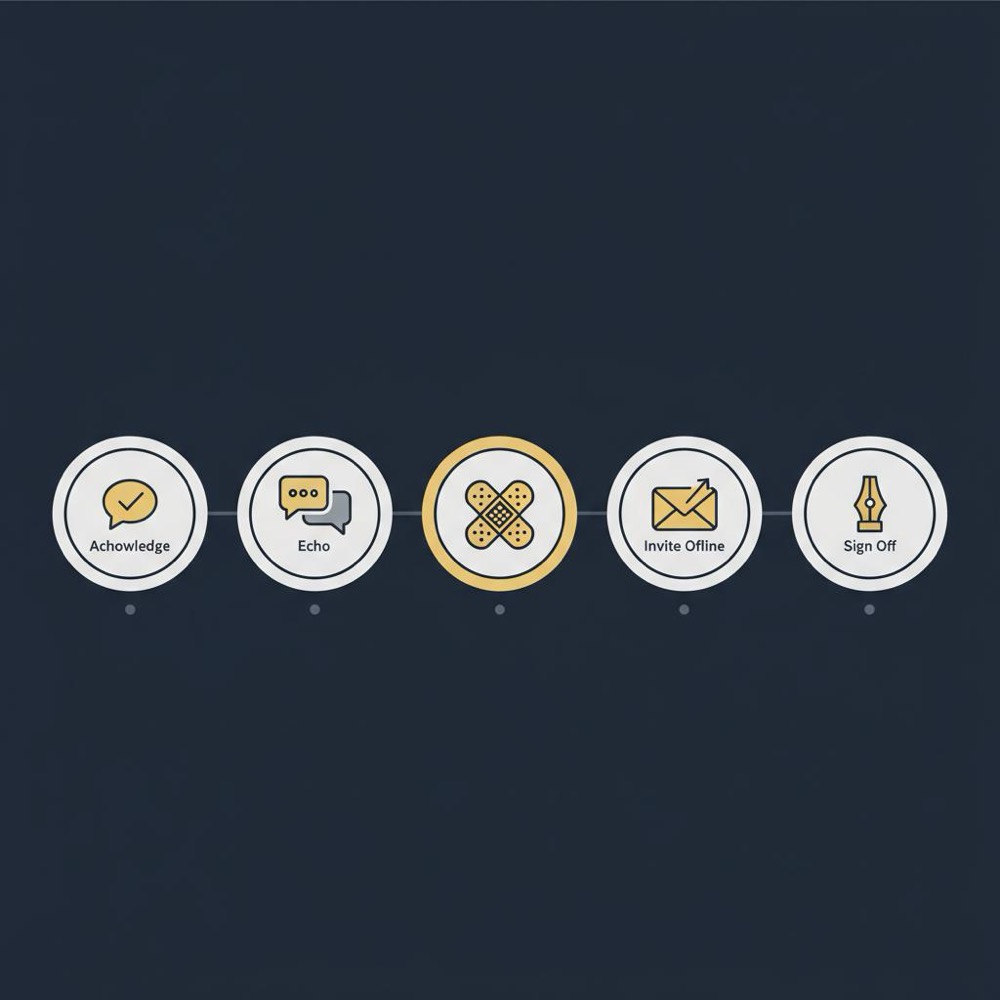 Minimal 2D vector infographic of five icons to respond to negative Google review: speech-check, overlapping bubbles, bandage, envelope+arrow, pen nib on Orvus navy background.