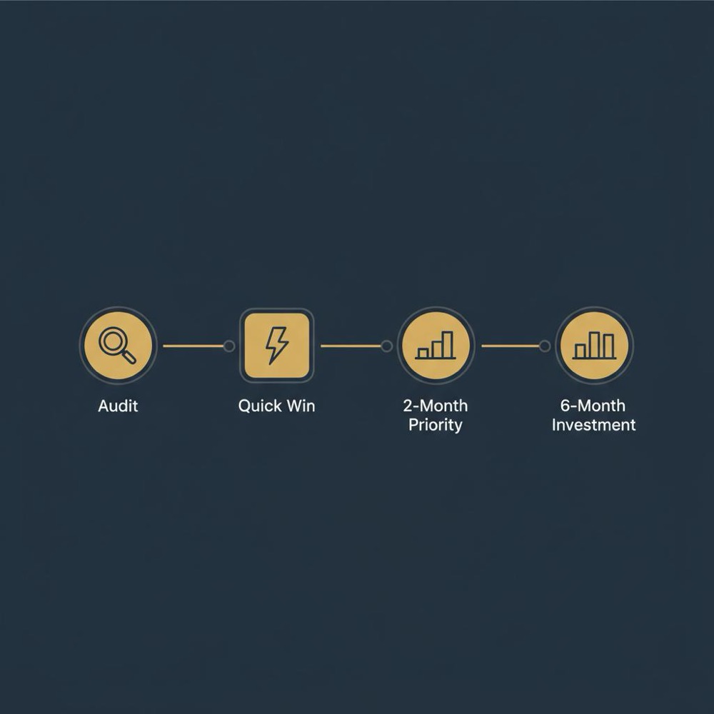 Minimal 2D vector process infographic for an SEO provider showing audit, quick-win, 2-month priority and 6-month investment steps in dark blue, gold and charcoal.