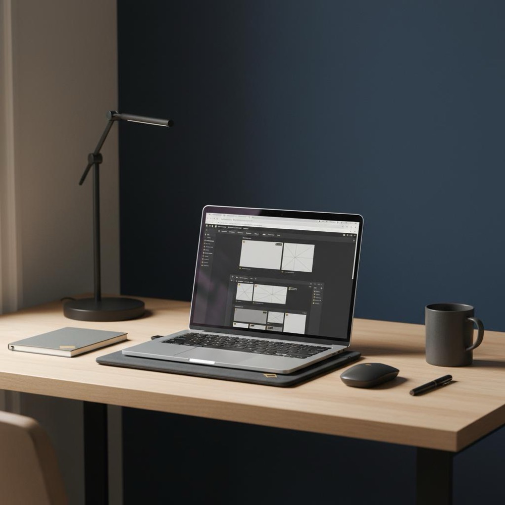 Minimalist small workspace with laptop displaying a website editor, Orvus navy background and #C8A45D accents, natural light - simple SEO