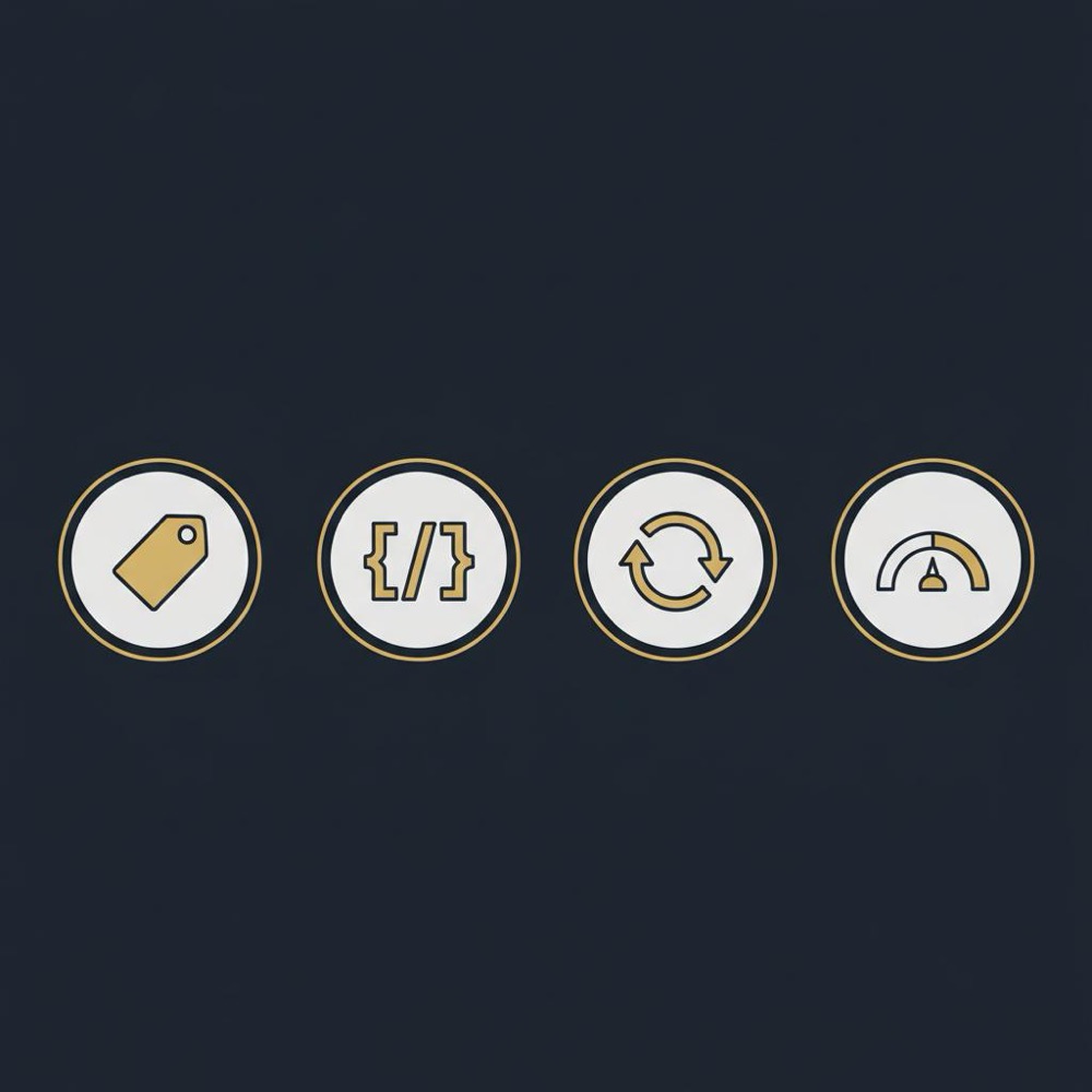 Minimal shopify seo vector infographic with four icons for title tags, structured data, redirects, and performance on a #0B1E33 background.