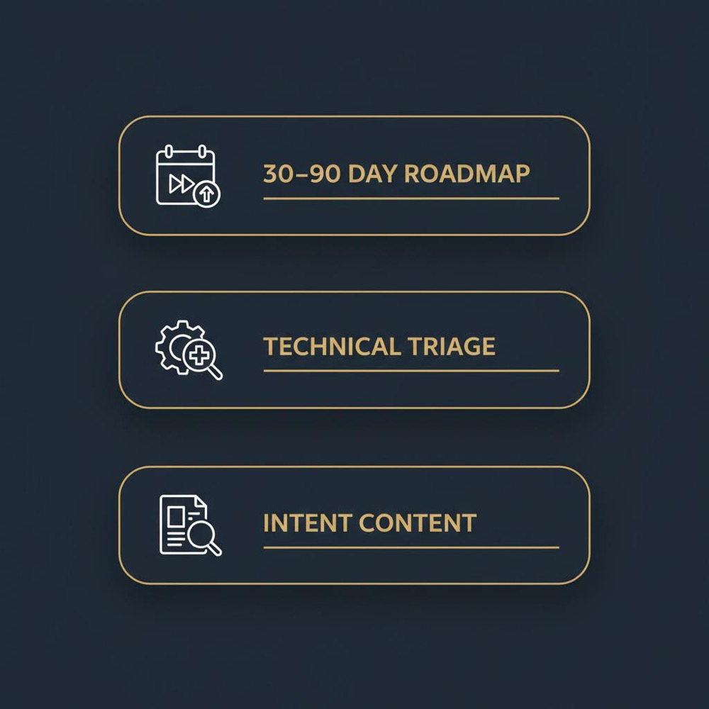 Minimal 2D vector infographic of three stacked tiles labeled 30-90 Day Roadmap, Technical Triage, Intent Content on dark blue background for SEO digital marketing