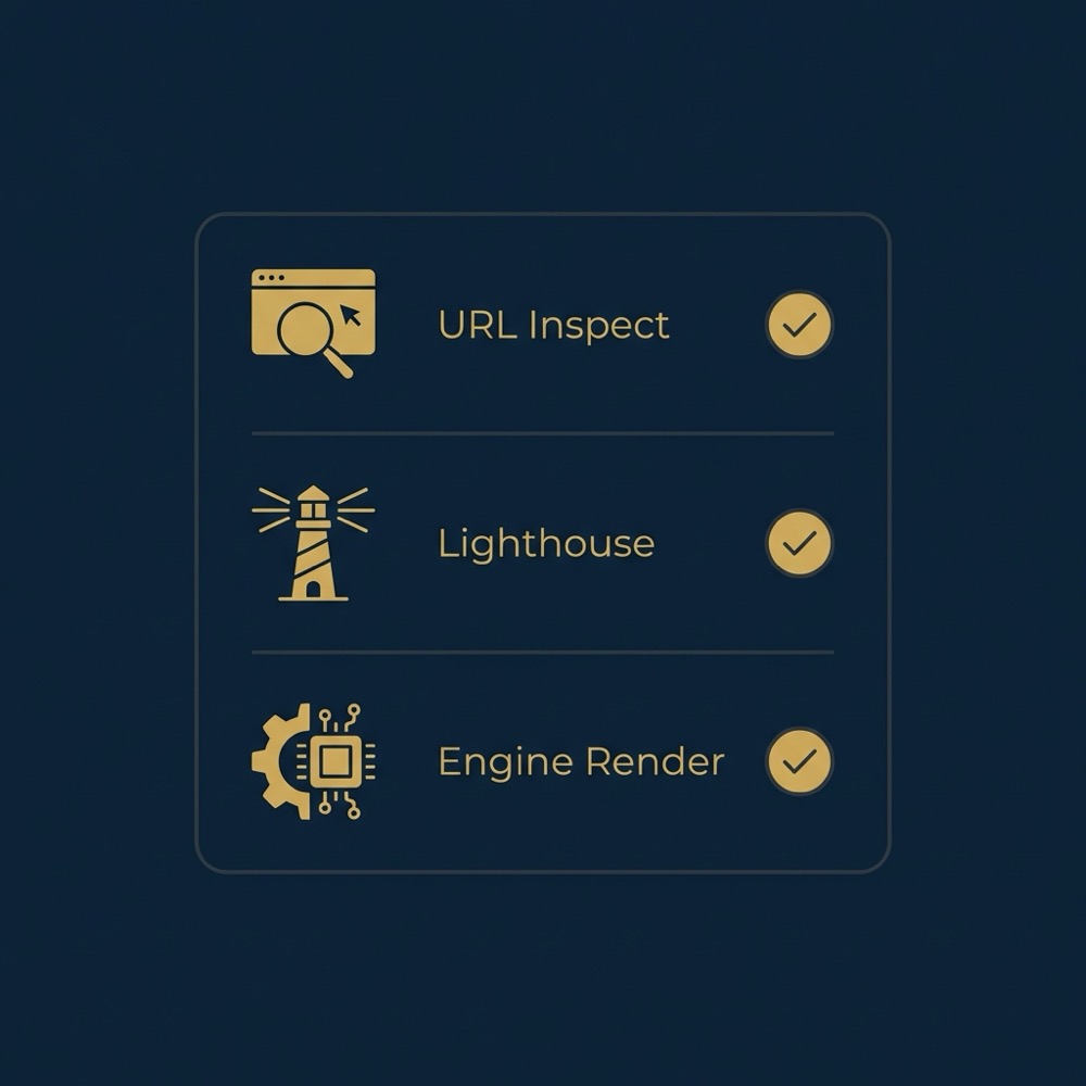 Minimal vector infographic spa seo checklist with icons for URL inspection Lighthouse and engine render test on dark Orvus brand background