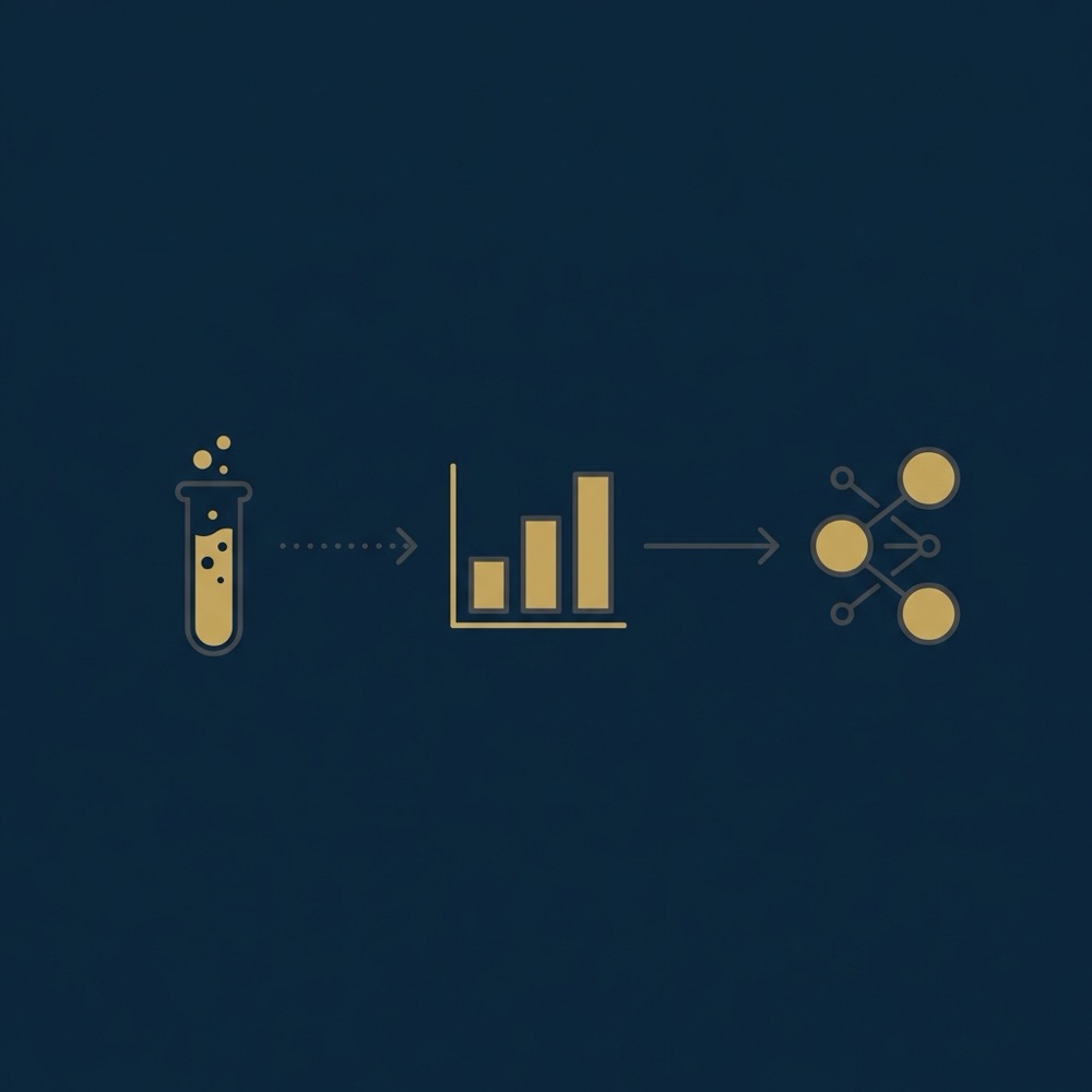 Minimal 2D vector infographic showing testing flow from paid experiments to content clusters with three icons and arrows on dark blue background search engine marketing