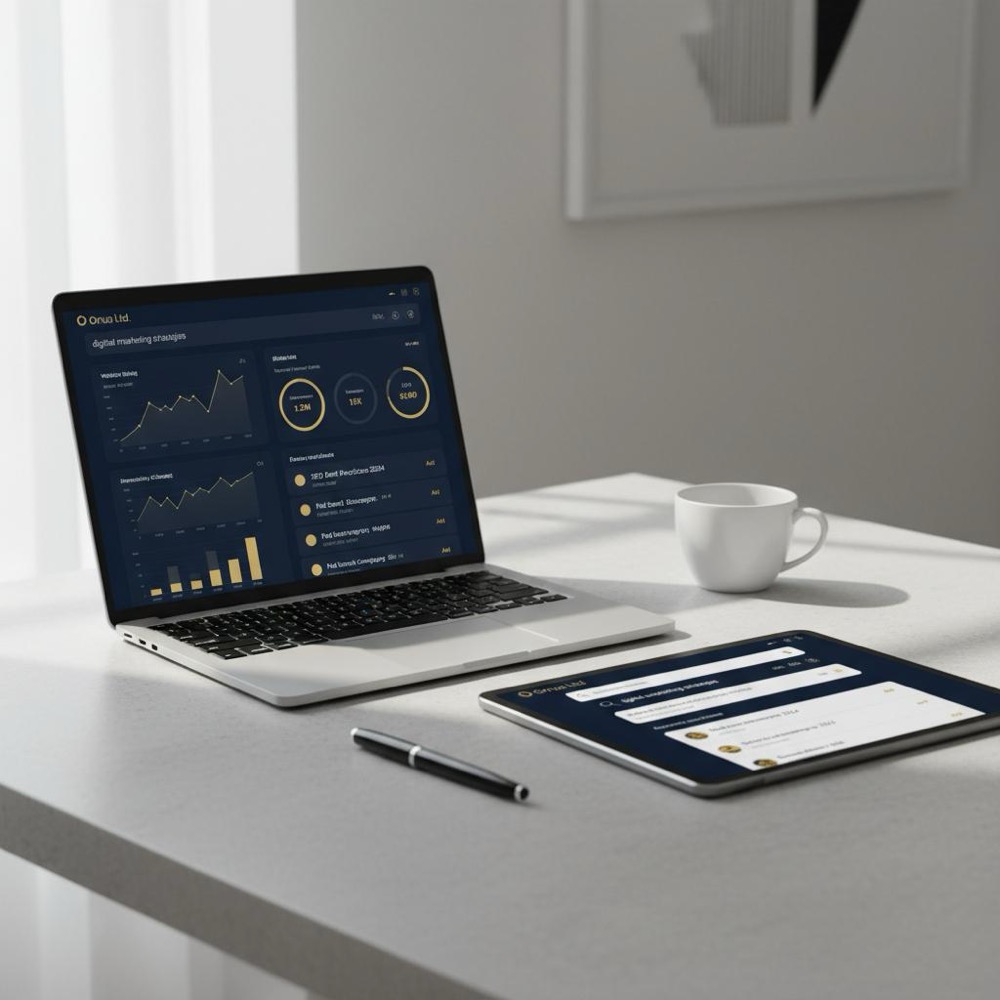 Minimalist workspace with laptop and notebook showing analytics dashboard and search results, illustrating pay for SEO and digital marketing analysis