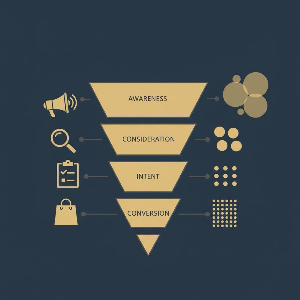 Minimal 2D vector funnel infographic in Orvus Ltd palette with icons and keyword clusters illustrating keywords for search engines