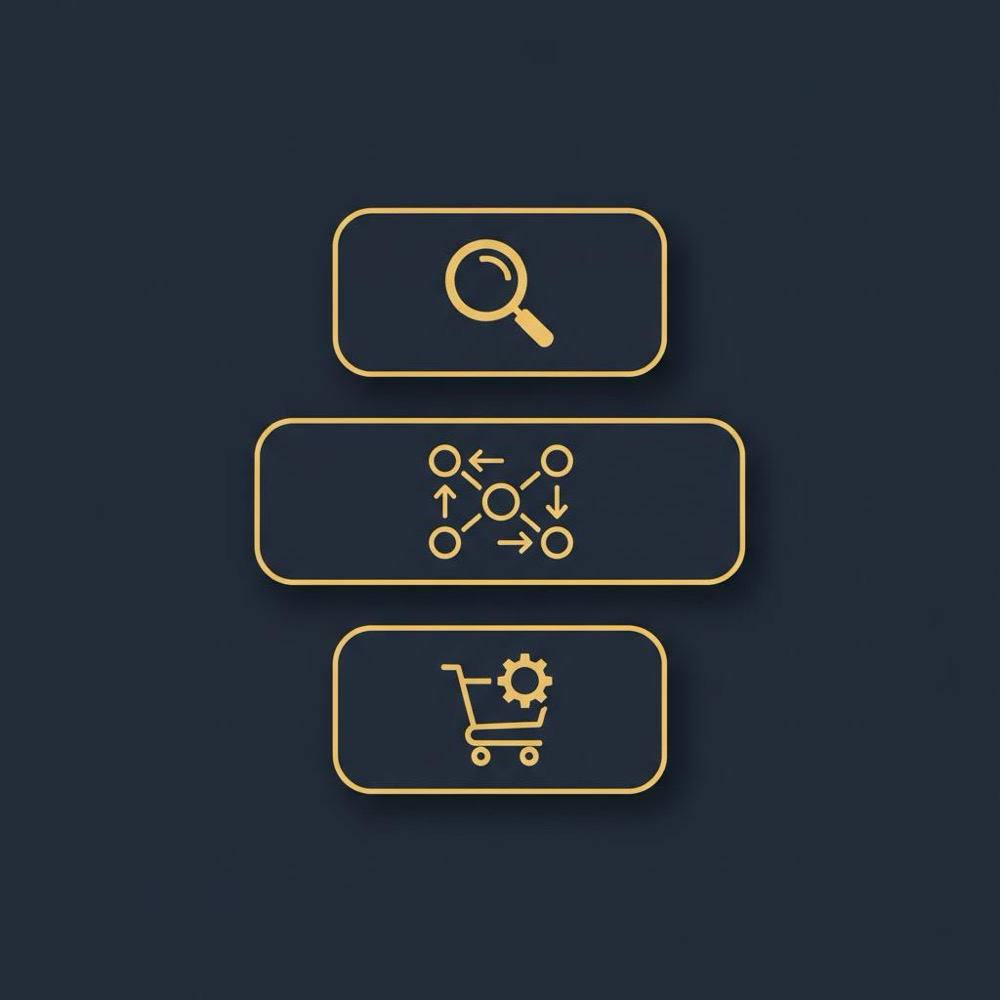 Minimal 2D vector infographic of three stacked cards with icons for research, crawl, and shopping automation in Orvus Ltd. brand colors, best SEO tools for Shopify