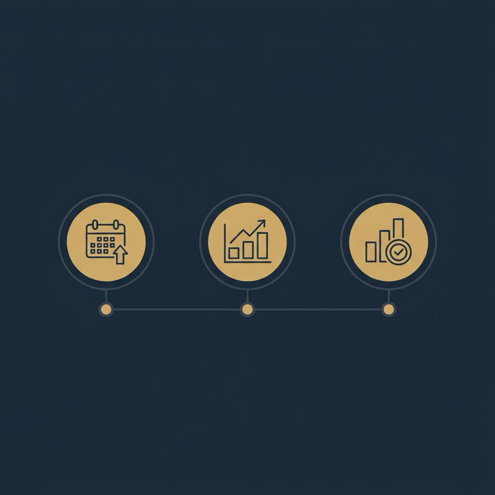 Minimal 2D vector timeline infographic in Orvus Ltd. colors showing three stages to SEO results (3 months, 6-12 months, 12+ months) - how much does an seo expert cost