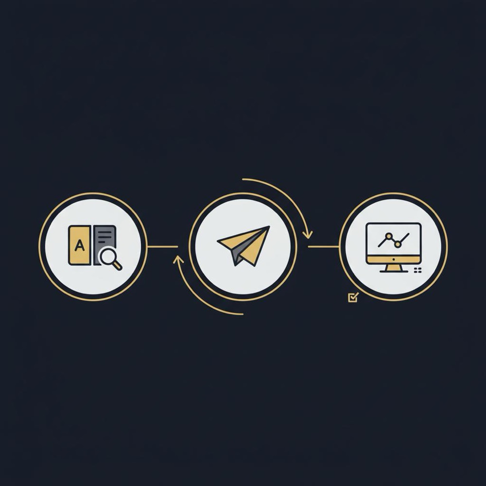 Minimal 2D vector infographic with three icons (A/B test card, ship paper-plane, monitor) connected by arrows illustrating landing page A/B testing workflow on dark #0B1E33 background.