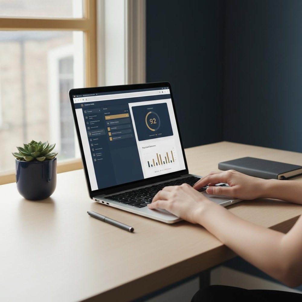 Minimalist workspace with laptop showing CMS editor and browser page speed report, natural light and muted Orvus Ltd. colors, focused on on-site SEO.
