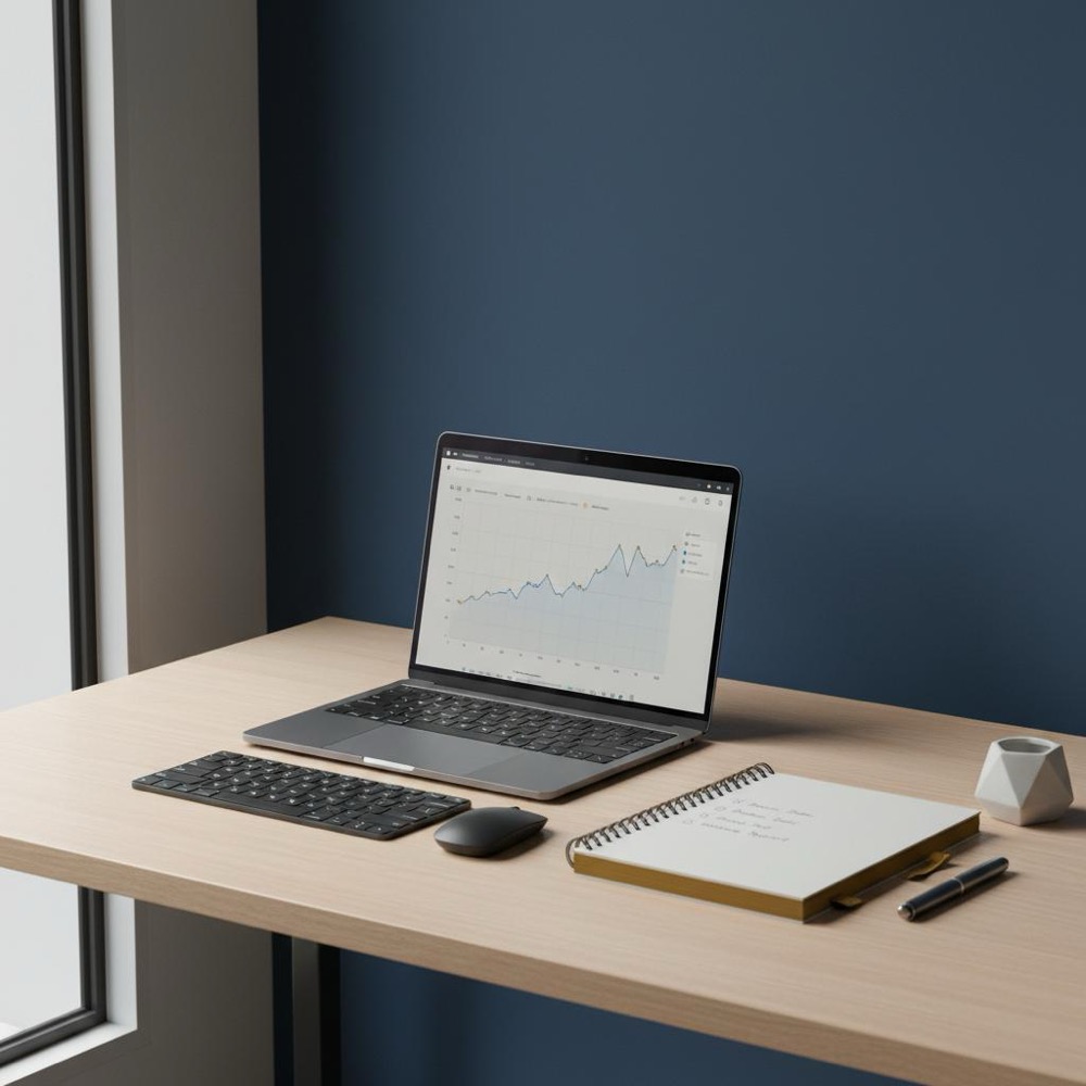 Minimalist tidy workspace with laptop showing a dataset chart, checklist notebook and soft #C8A45D brand accents - SEO backlink article visual