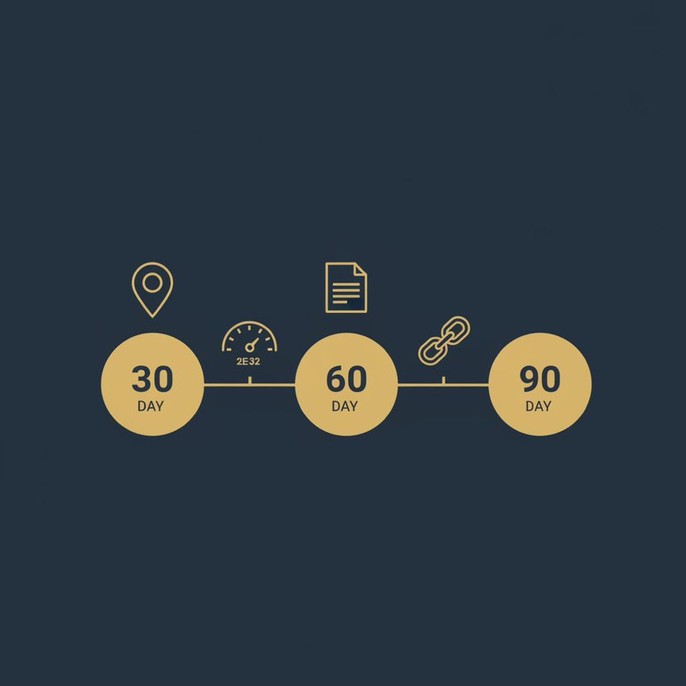 Minimal 2D vector 30/60/90 timeline infographic for local SEO for small businesses with listing, speed, content and links icons on dark navy background