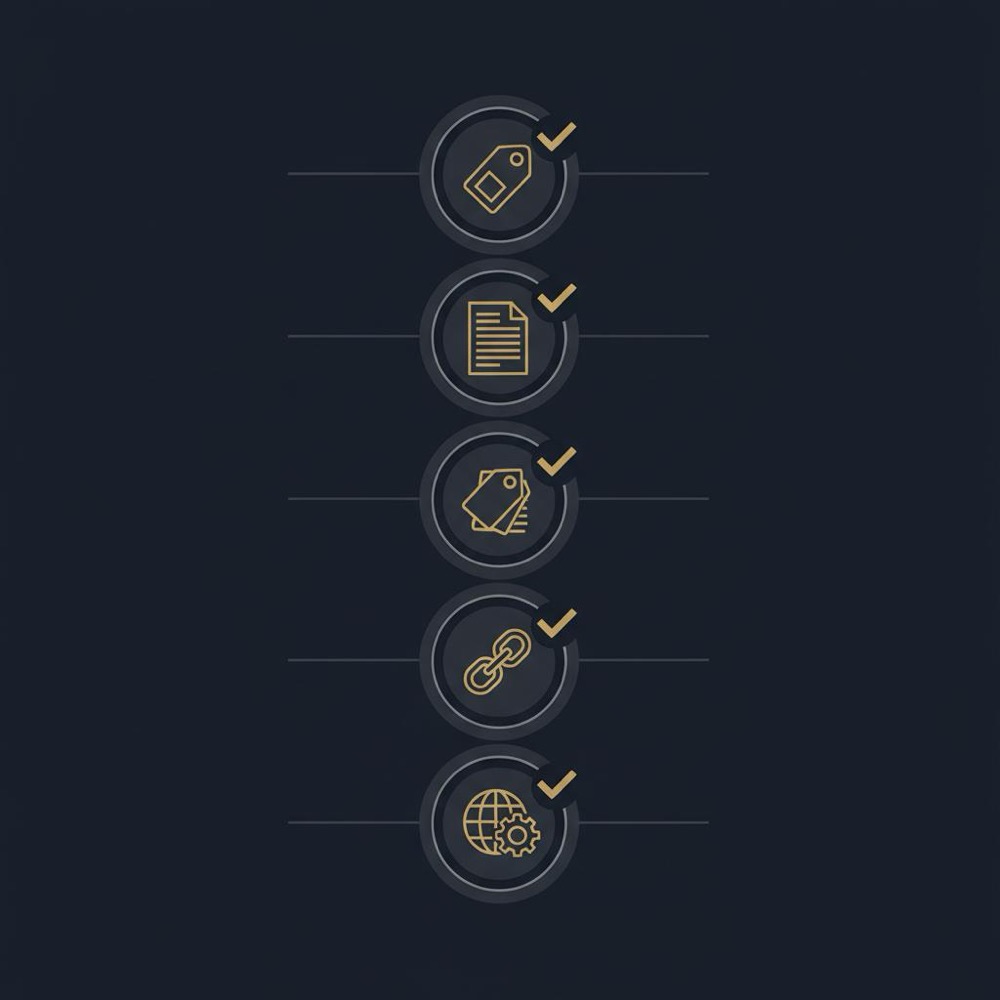 Minimal 2D vector infographic of a five-step metadata checklist with icons on dark navy background, illustrating meta keywords and SEO steps, using brand colors.