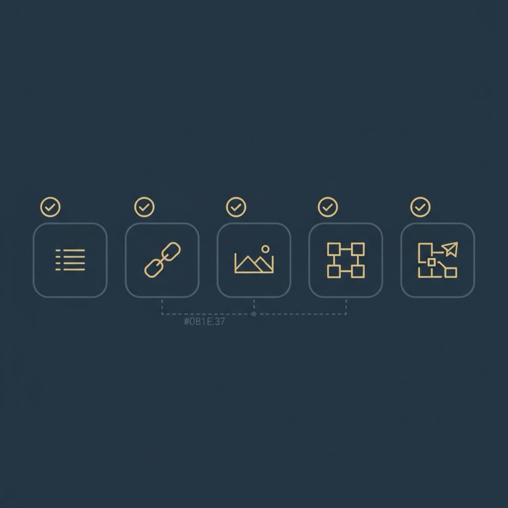 Flat 2D vector checklist infographic showing five SEO steps (titles, URLs, images, internal links, submit sitemap) on dark blue. Is SEO free on Wix