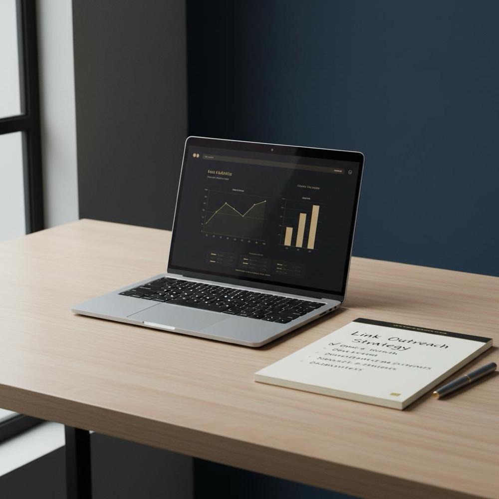 Minimalist tidy workspace with laptop showing analytics charts and a notepad with link outreach notes, color-graded deep navy and muted gold-visual for backlink cost