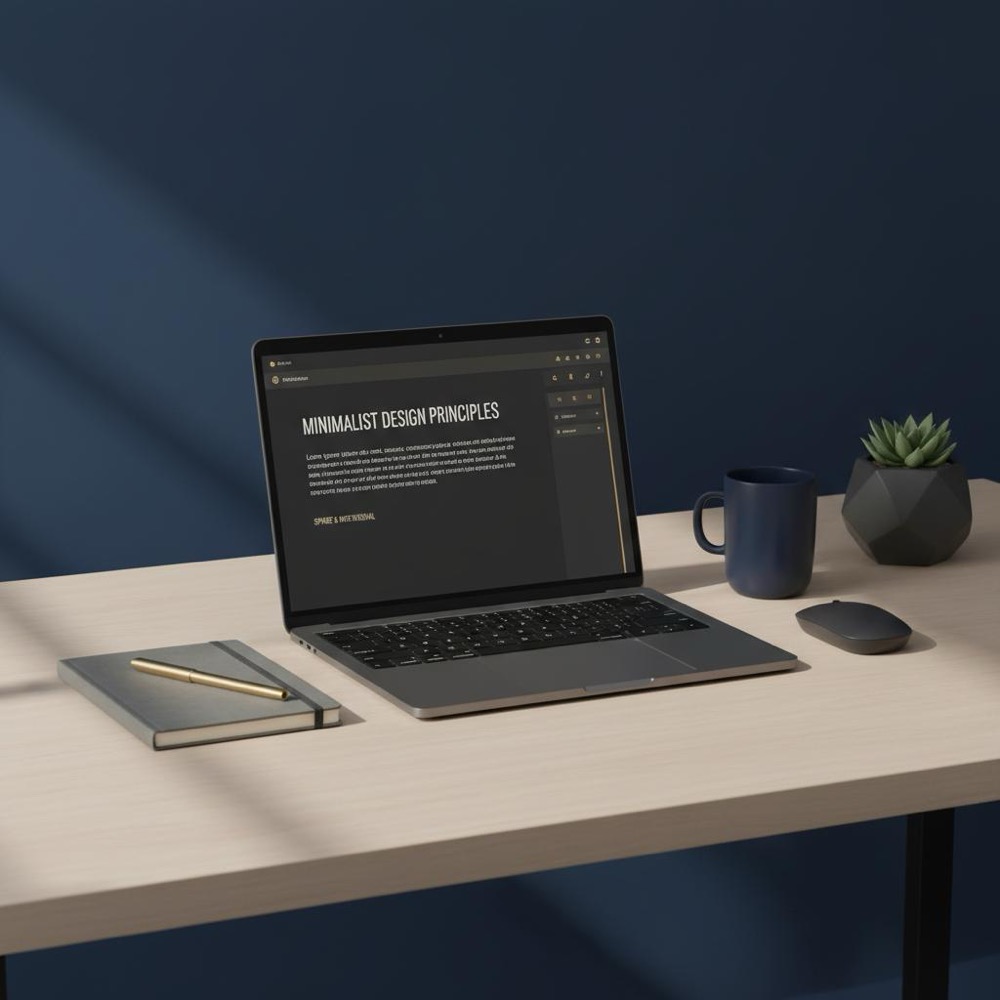 Minimalist workspace with laptop showing a content editor for Surfer SEO, deep navy #0B1E33 background, warm gold accents #C8A45D, neutral desk items, soft natural lighting.