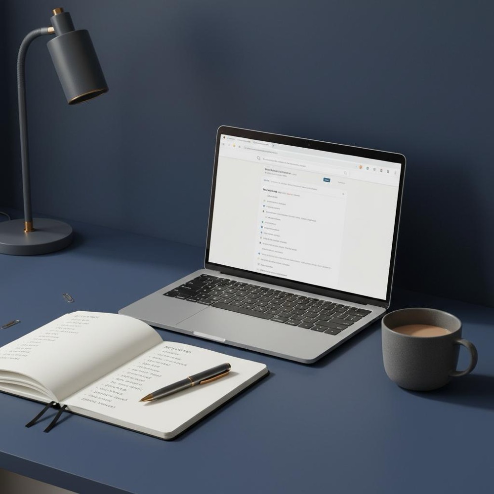 Minimalist desktop with laptop showing search results, open notebook with keyword lists, coffee cup, and subtle #C8A45D accents illustrating keyword tool accuracy.
