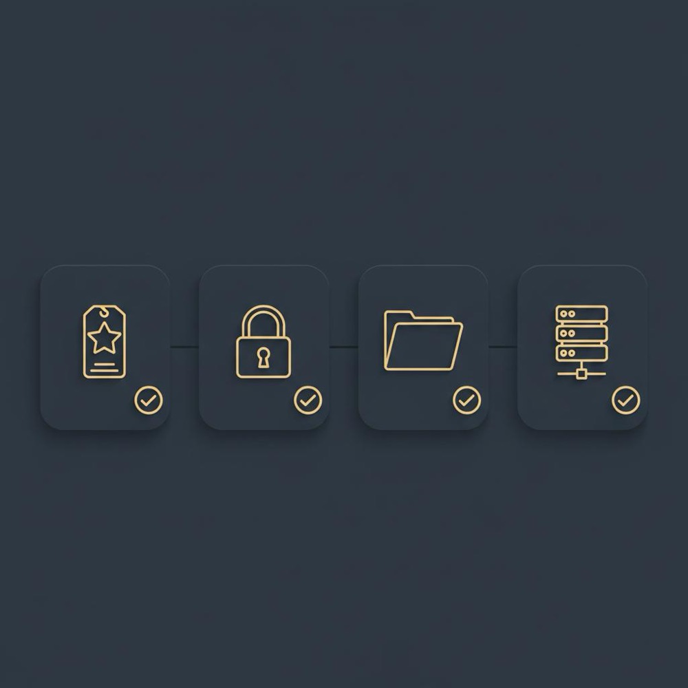 Minimal vector checklist infographic showing icons for memorable name, HTTPS lock, folder structure, and hosting server, styled for best domain for SEO