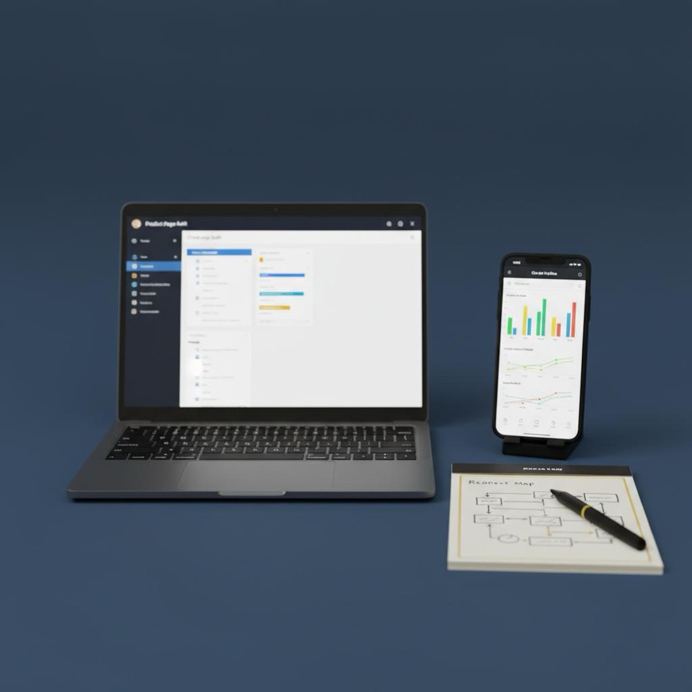 Close-up office desk with laptop showing blurred product page audit dashboard, phone with Core Web Vitals charts, and notepad with redirect map - best ecommerce platform for seo