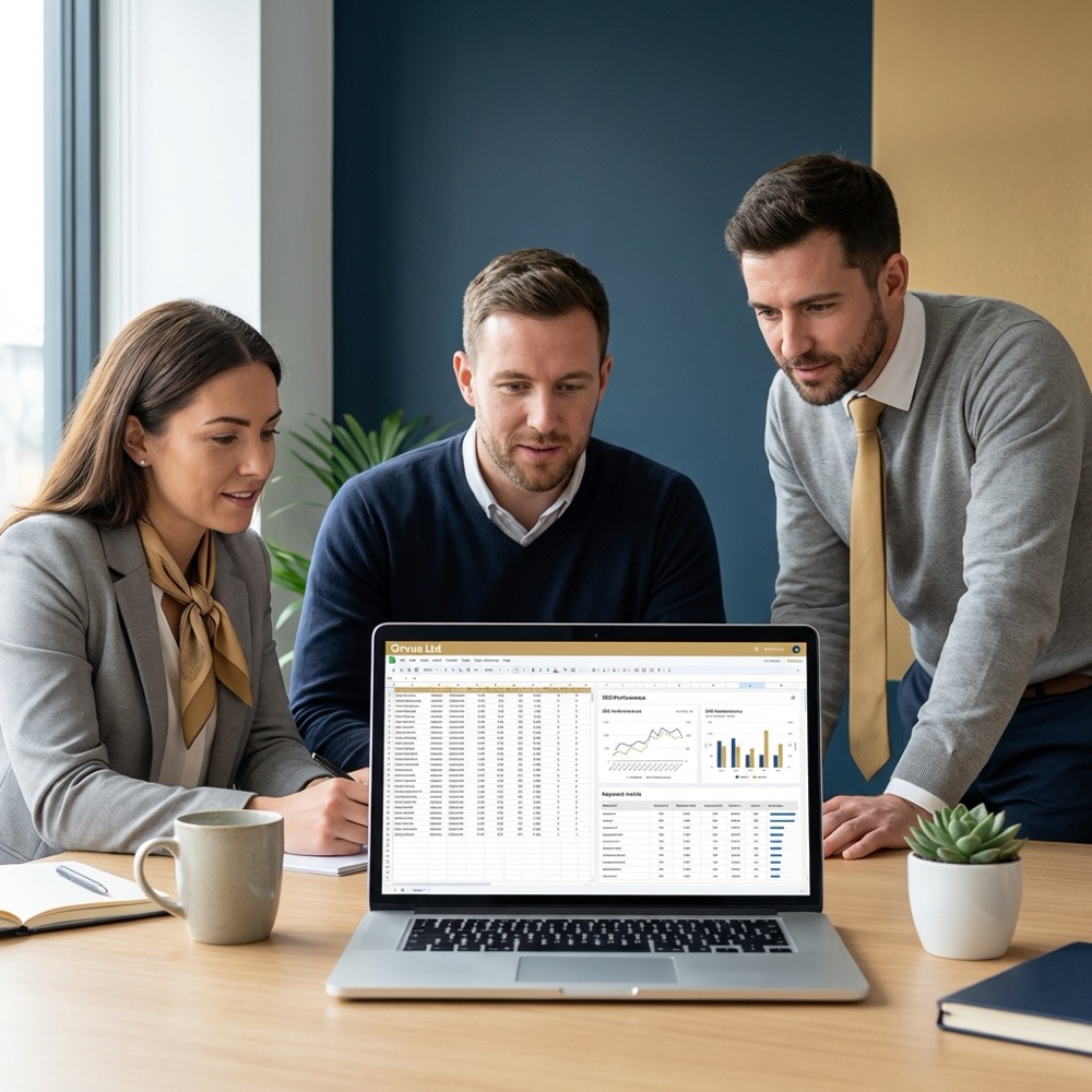 Small team reviewing SEO dashboards and spreadsheets on a laptop in a minimalist Orvus Ltd styled workspace showing a comparison for ahrefs alternatives