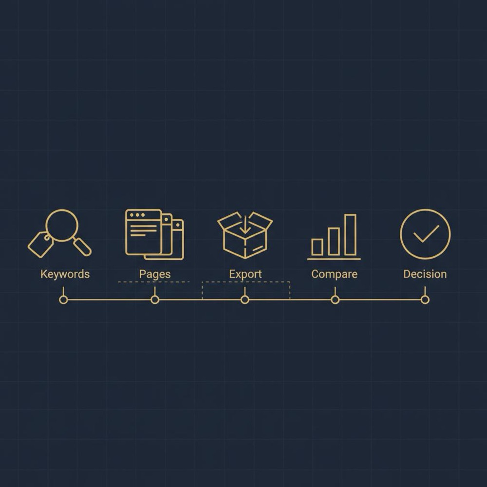 Minimal 2D vector checklist infographic for ahrefs vs semrush showing five icons for keywords, pages, export, compare and decision on navy background