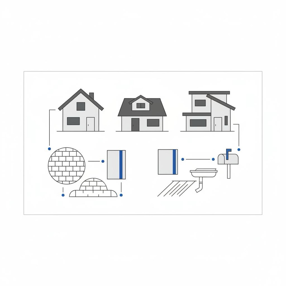 Notebook-style 2D vector sketch of neighborhood street facades showing fresh paint, new roof shingles, curb, driveway and mailbox - Nextdoor for contractors