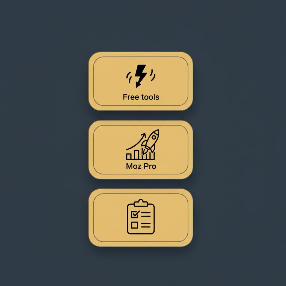 Minimal 2D vector infographic of three stacked cards showing icons for free tools, Moz Pro, and a trial checklist on a #0B1E33 background - Is Moz free or paid