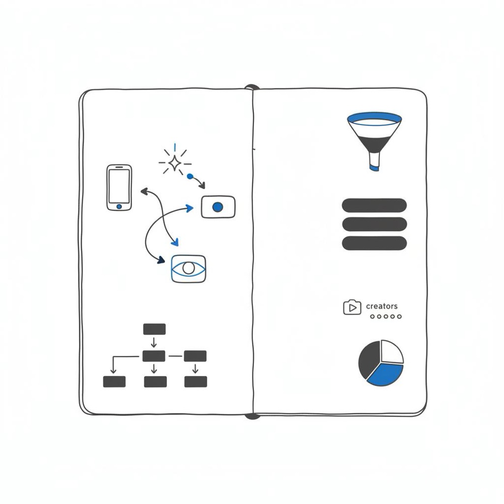 Minimal 2D vector notebook page with clean campaign flow diagrams and icons visualizing TikTok ad formats, budget split, creators and audience in white, charcoal and blue.