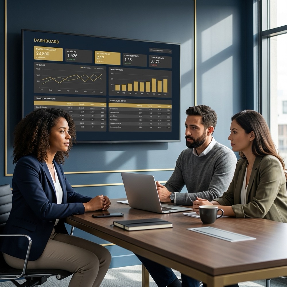Small marketing team reviewing a search and ad metrics dashboard on a large monitor in a minimalist Orvus Ltd office with deep blue background and gold accents seo meta