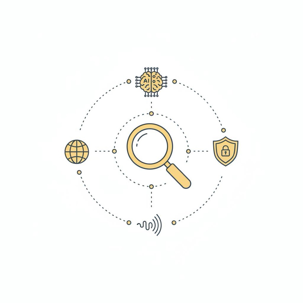 Minimal 2D vector infographic: central magnifying glass with AI, privacy shield, voice wave and globe icons on #0B1E33 background - what is the #1 search engine