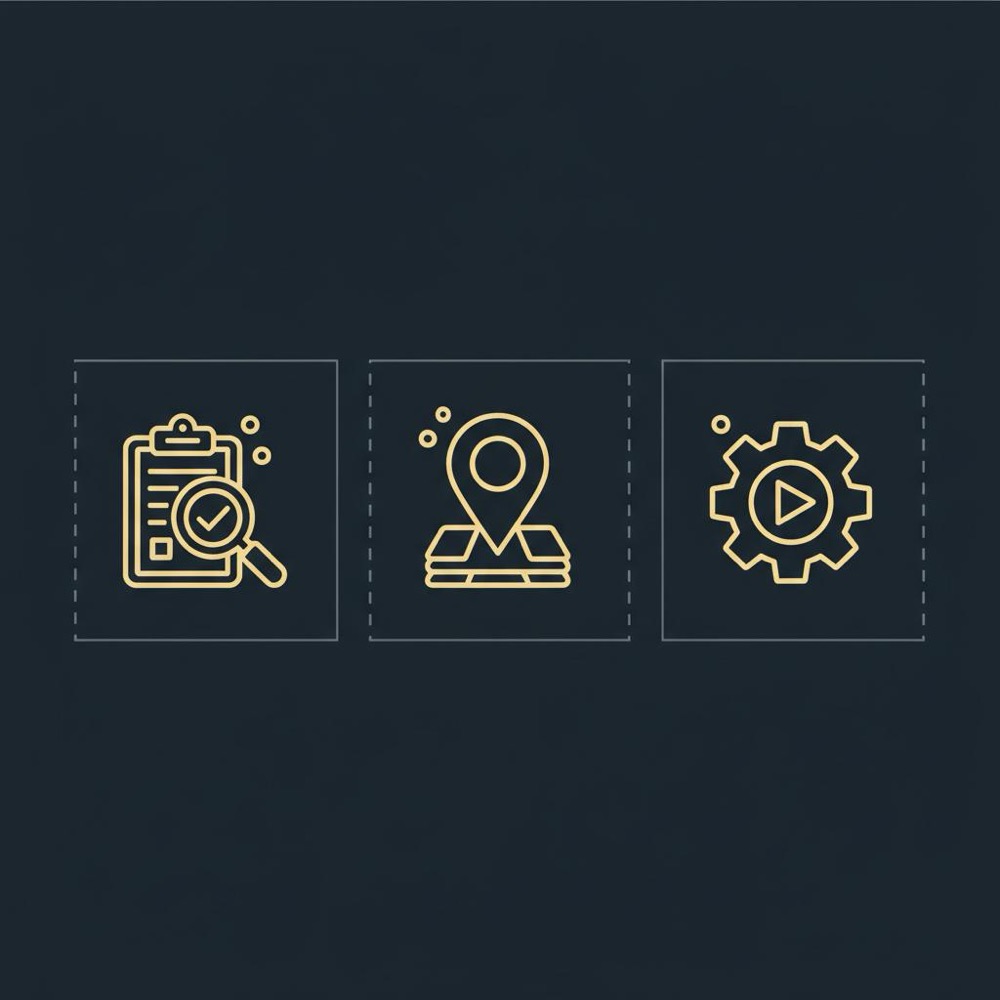 Minimal 2D vector infographic with three flat icons for manual check, local pack, and automation on a #0B1E33 background - how to check my SEO ranking