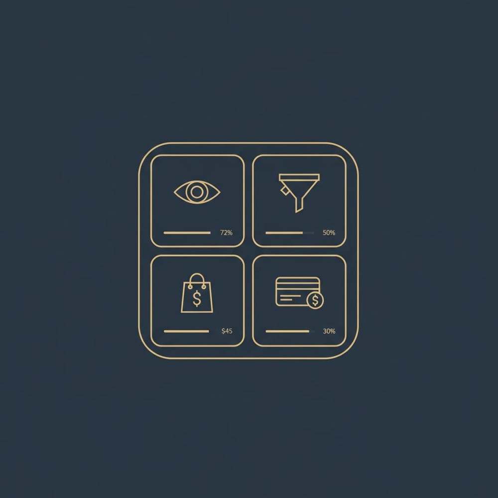 Minimal vector dashboard infographic with four KPI tiles (visits, conversion, AOV, CAC) using gold #C8A45D icons and bars on dark blue #0B1E33 background - make money on Etsy