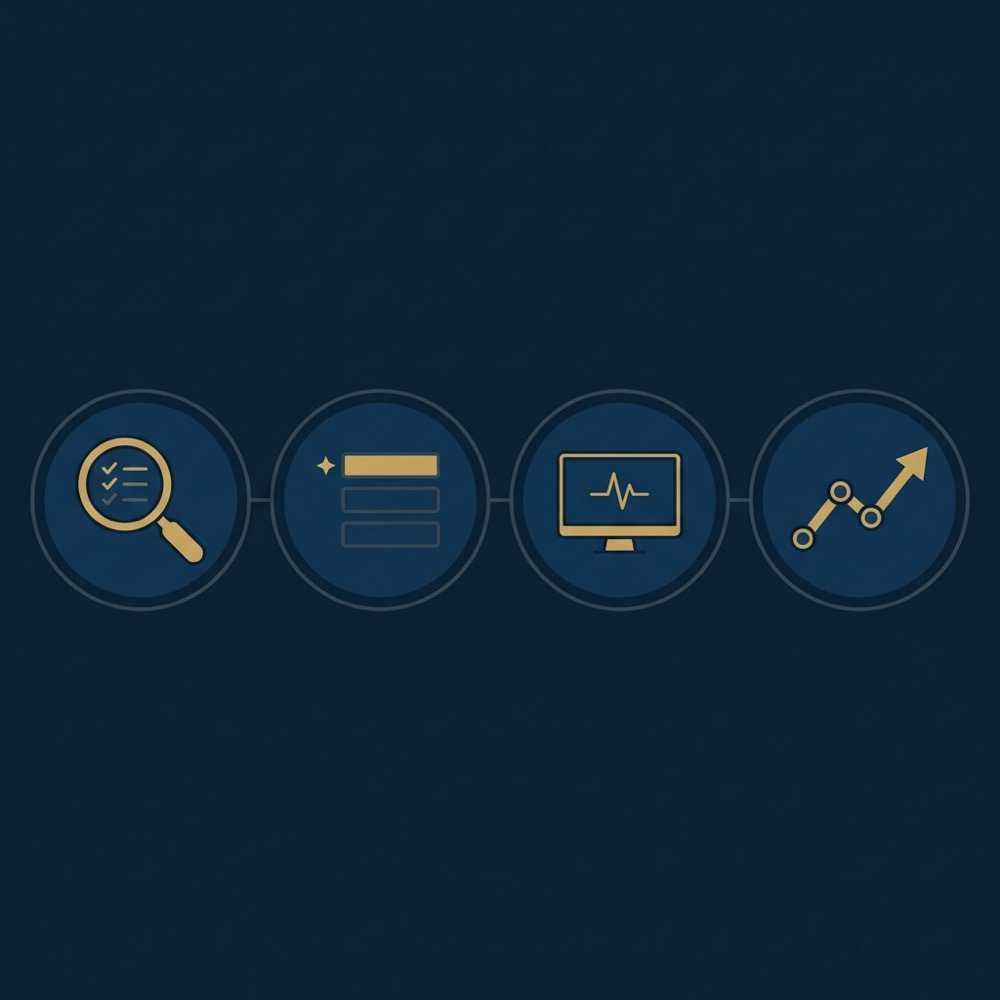 Minimal 2D vector infographic with four icons for audit prioritize monitor and a rising trendline representing website ranking on a navy background