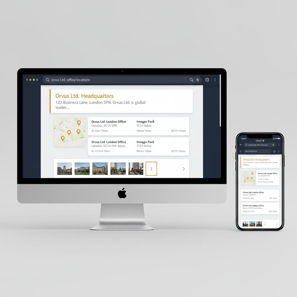 Minimalist desktop and mobile mockup of a search engine results page showing a featured snippet, local pack map, and image carousel in Orvus Ltd. brand colors.