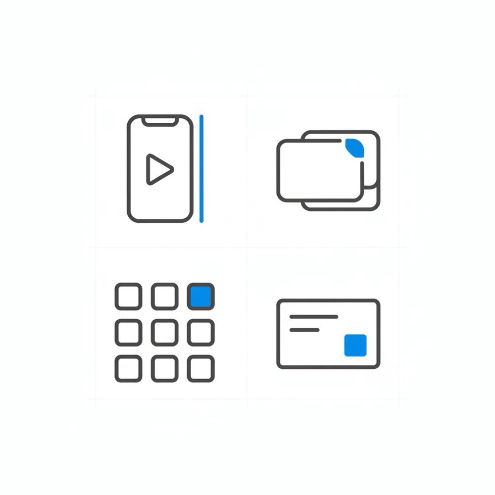 Minimal 2D vector notebook spread of four thumbnail icons representing Facebook ad formats: Reels vertical, Carousel stacked cards, Collection grid, Lead Ad form in brand blue and dark gray