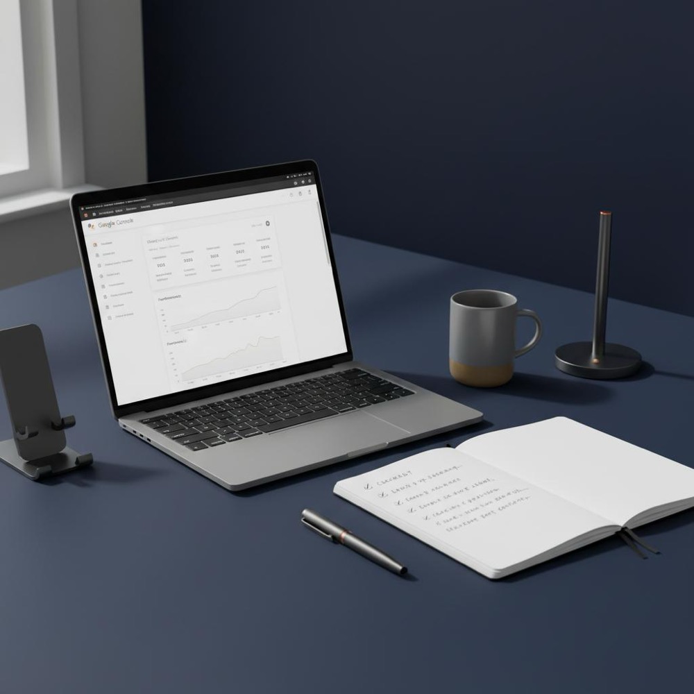 Tidy minimalist workspace with laptop displaying Google Search Console dashboard, open notebook checklist and an Orvus #C8A45D accent mug on a navy background - google seo
