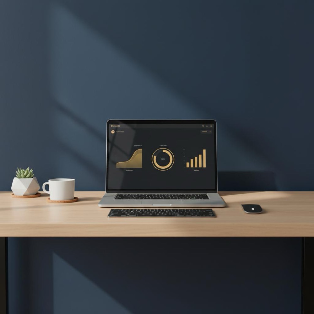 Minimalist modern workspace with laptop showing simplified analytics charts for impressions, CTR and sessions - difference between SEO and organic search