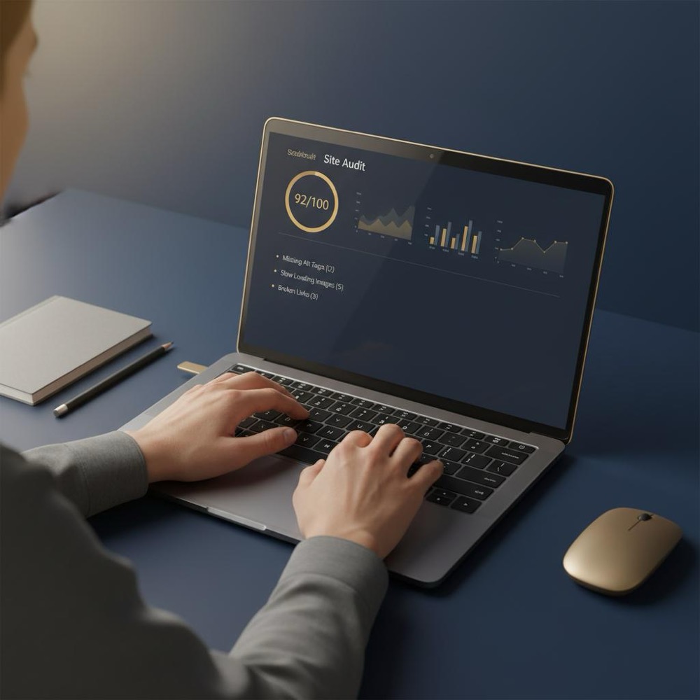 Hands typing on a laptop showing a site audit dashboard in navy and gold brand tones, illustrating what is seo in a clean, minimalist composition