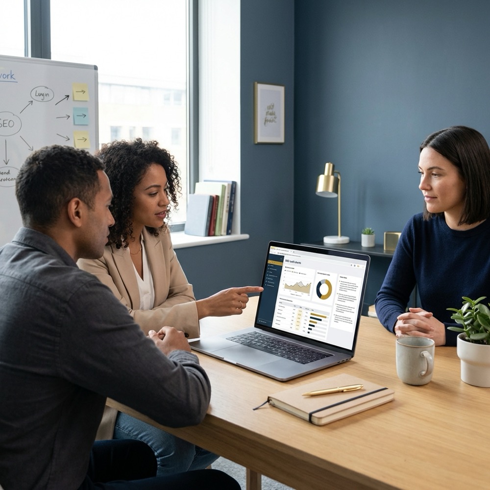Small team reviewing an SEO audit on a laptop with notes and whiteboard in a minimalist office in brand colors search engine optimization seo services