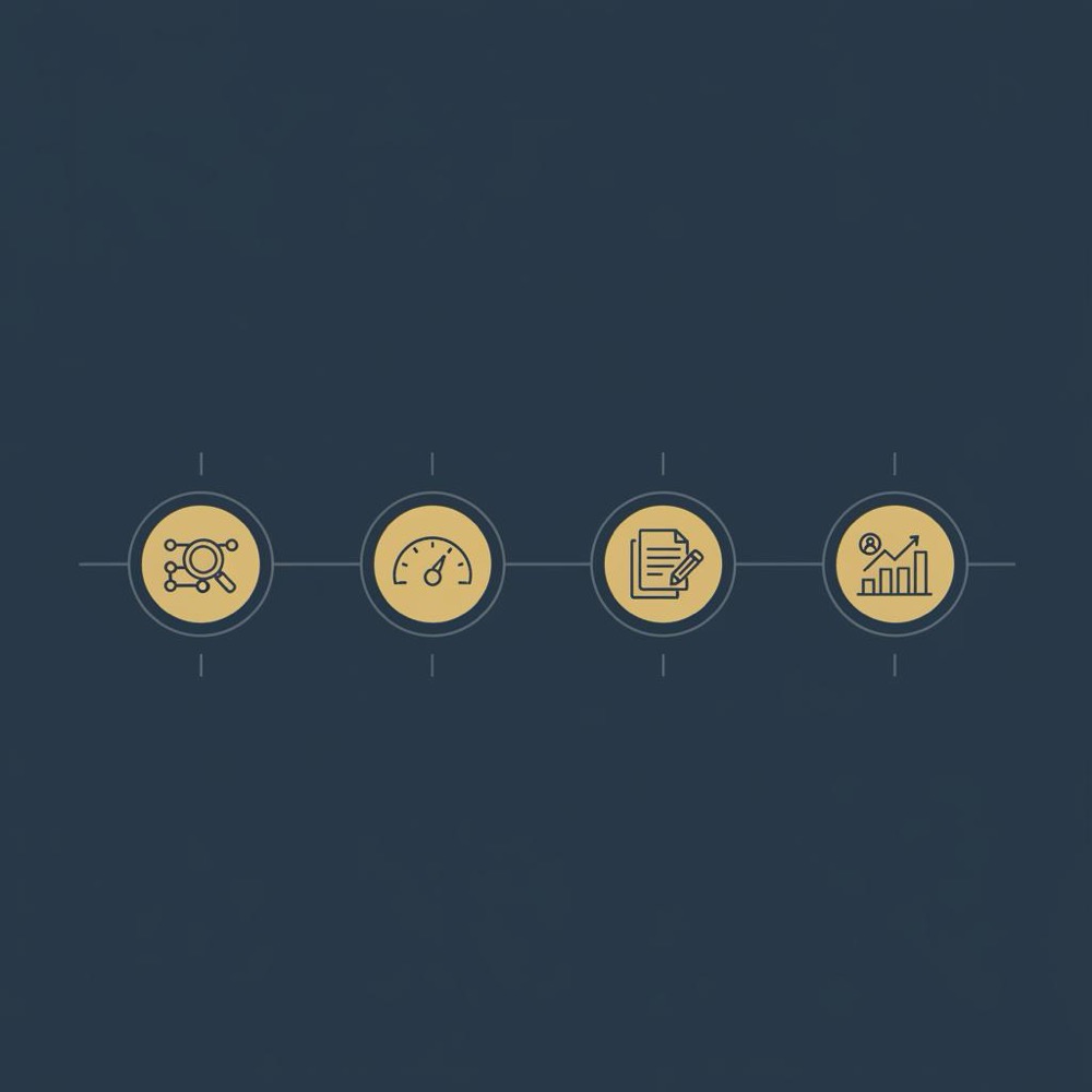 Minimal 2D vector 30-day timeline infographic with four week nodes for crawl, performance, content and measurement to help optimize SEO on Google