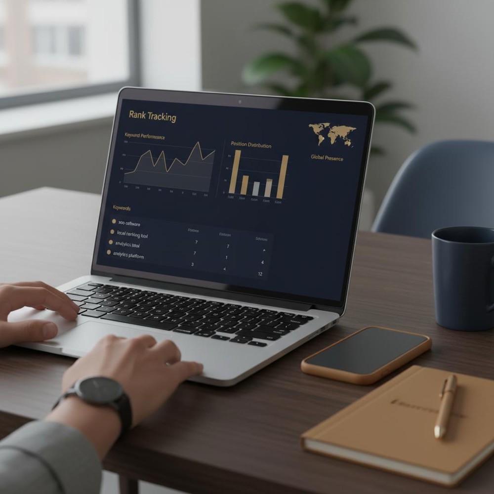 Minimalist desk with laptop displaying a clean rank-tracking dashboard in Orvus Ltd brand colors, showing graphs, keyword list and geo pins - rank tracker cost