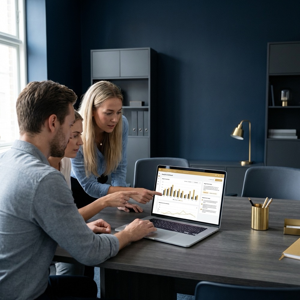 Small team reviewing analytics dashboard and experiment notes on laptop in Orvus Ltd workspace with navy and gold accents focused on google search optimization