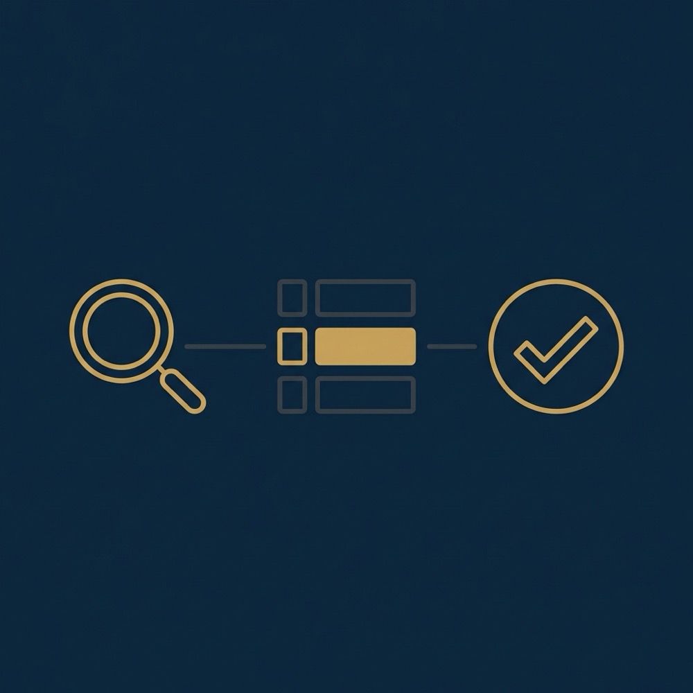 keywordsurfer minimalist 2D vector infographic showing three step triage workflow scan shortlist validate with magnifying glass list and check icons on dark blue background