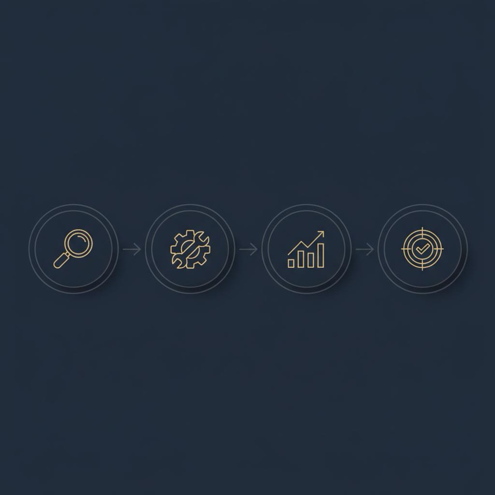 Minimal 2D vector four-step infographic with icons for diagnose, fix, improve and measure on a dark Orvus Ltd. background for seo expert articles.
