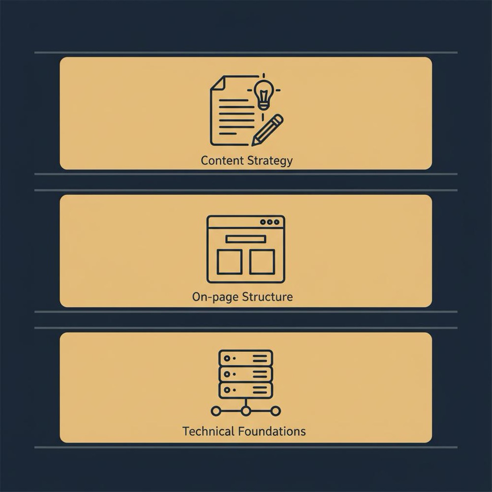 Minimal 2D vector infographic with three stacked layers and icons for Technical Foundations, On-page Structure, and Content Strategy on a dark navy background for search engine optimization.