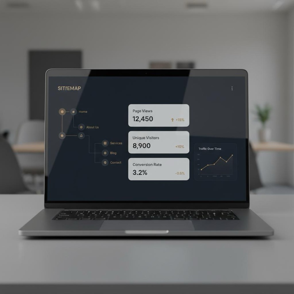 Laptop dashboard showing sitemap and analytics widgets in neutral tones with Orvus Ltd. brand accent #C8A45D, minimalist UI, no people - rank math free