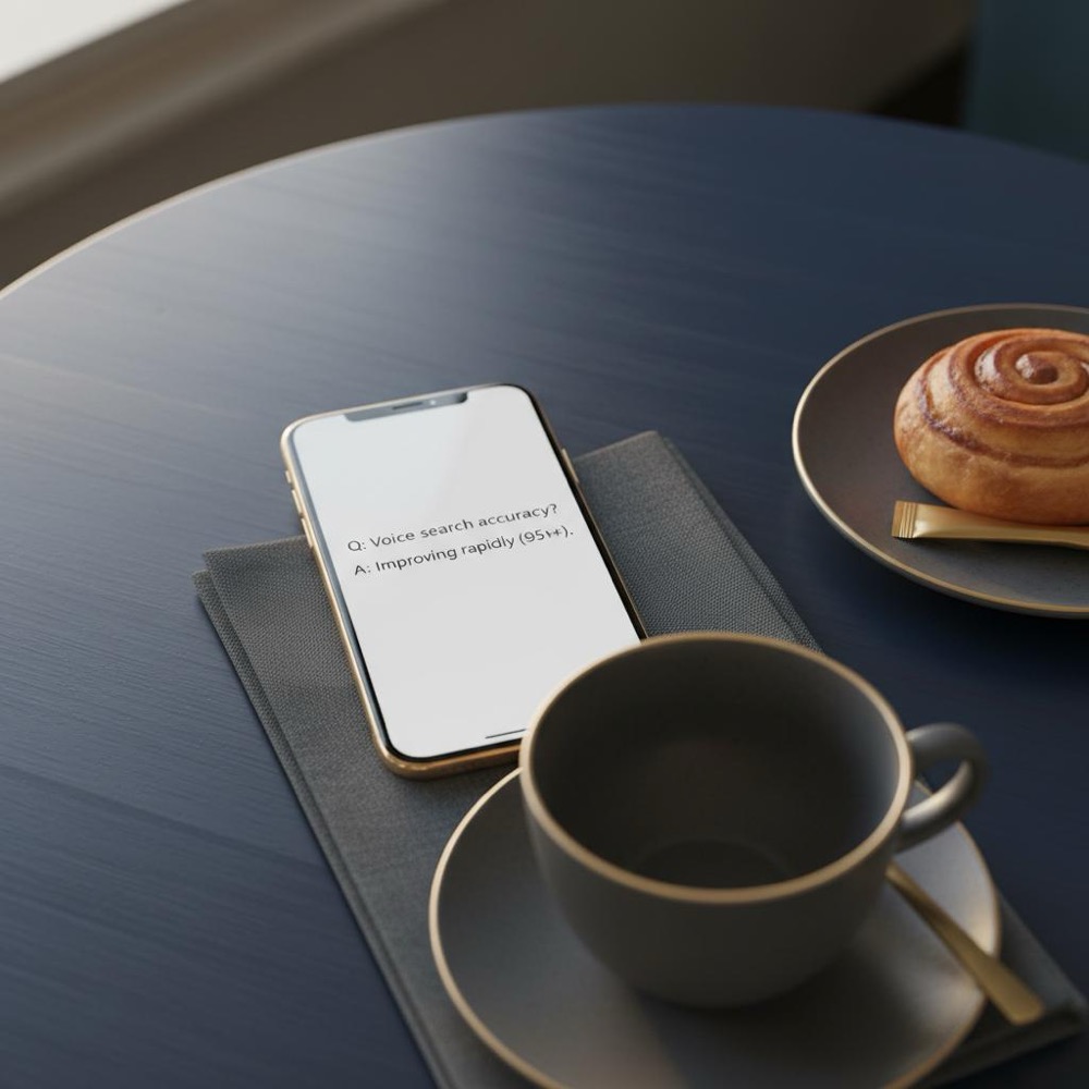 Smartphone on dark-blue café table showing a short QA snippet about voice search; pastry softly out of focus, Orvus Ltd. gold and charcoal brand accents
